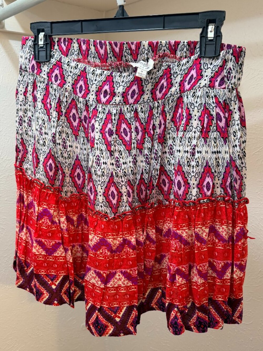 Umgee Boho Geometric Mixed Print Tiered Mini Skirt - Size M
